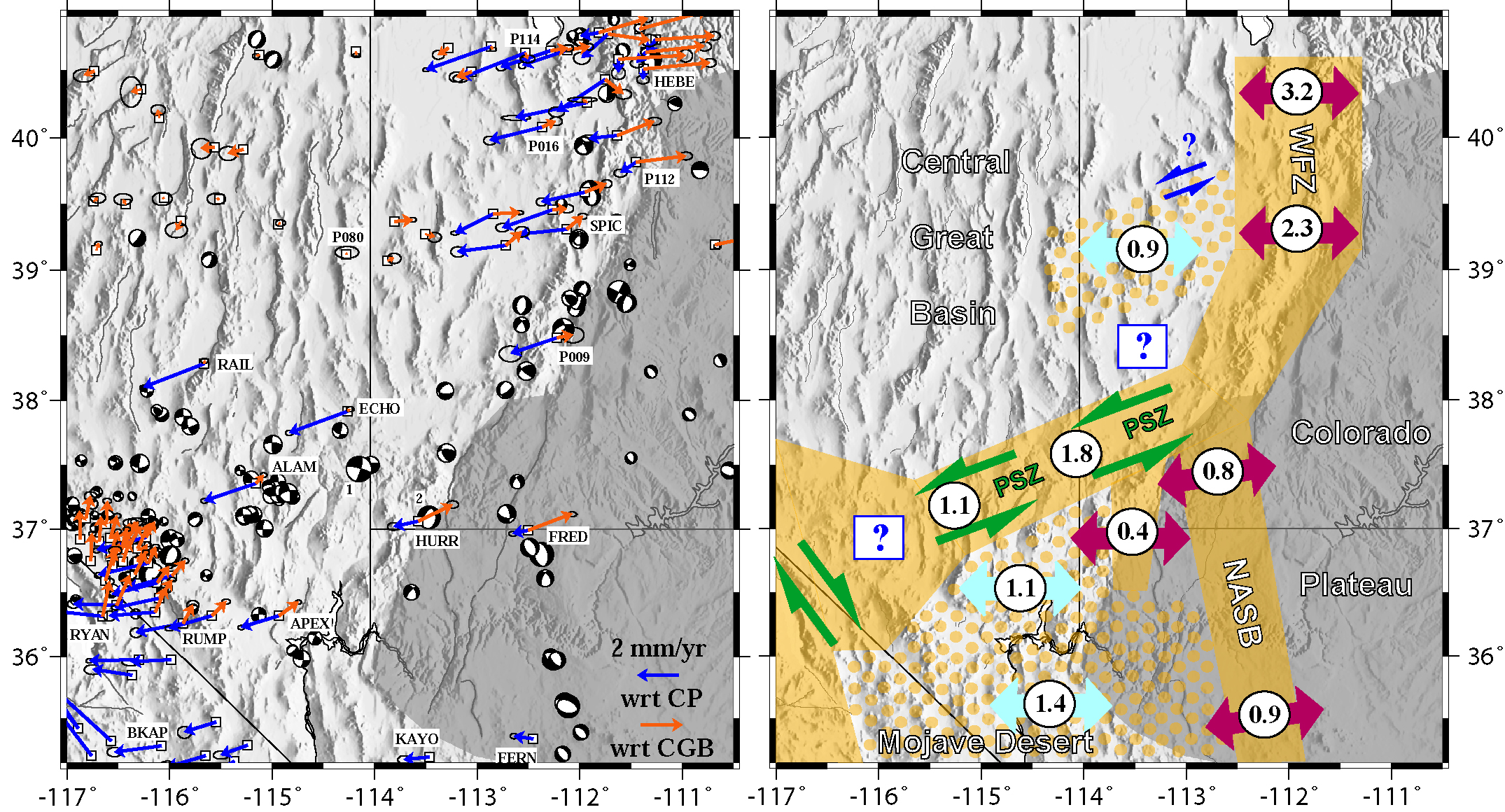 map of GPS velocities and earthquake moment tensors