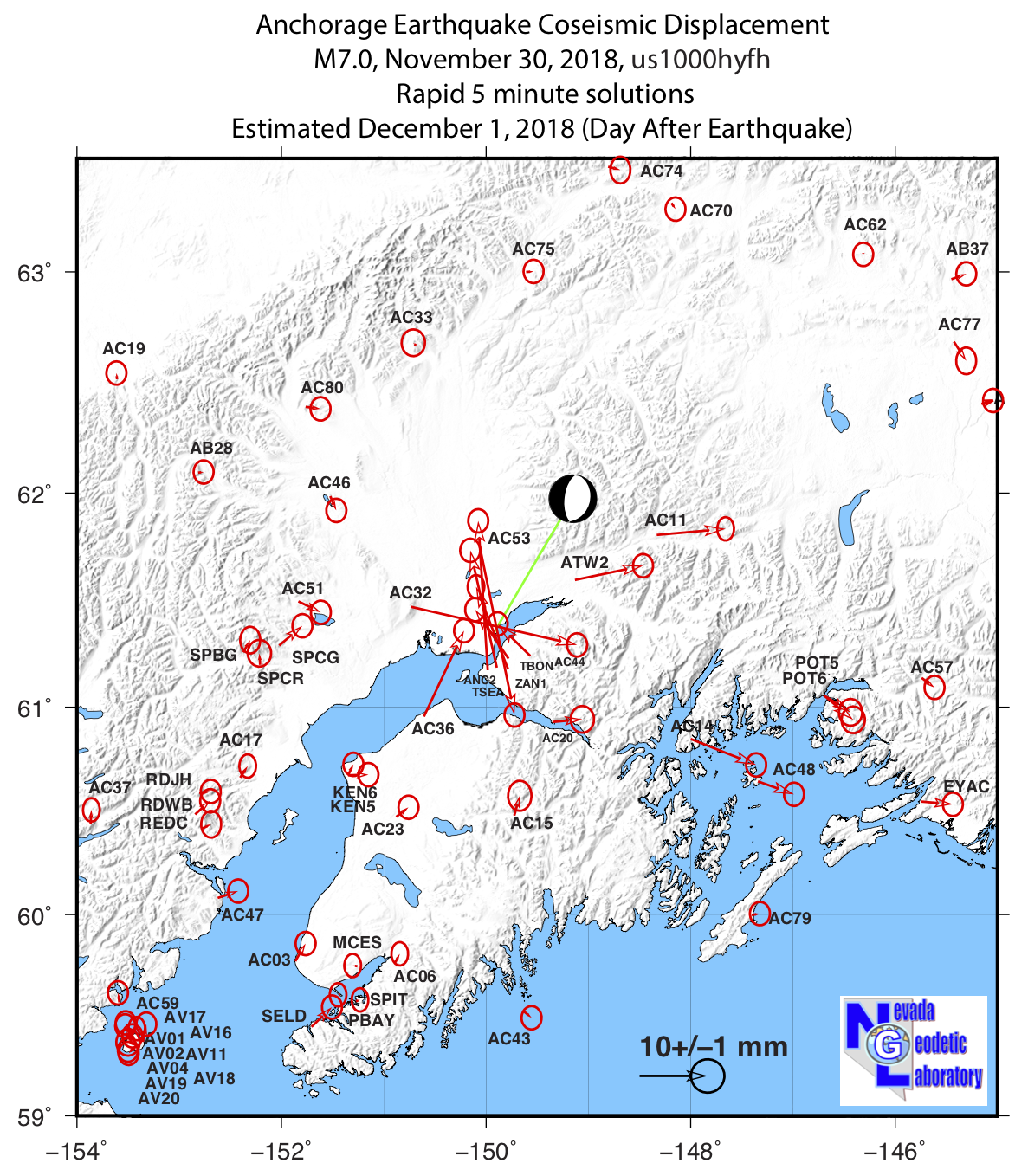 Map of coseismic displacement from the Anchorage M7.0 earthquake