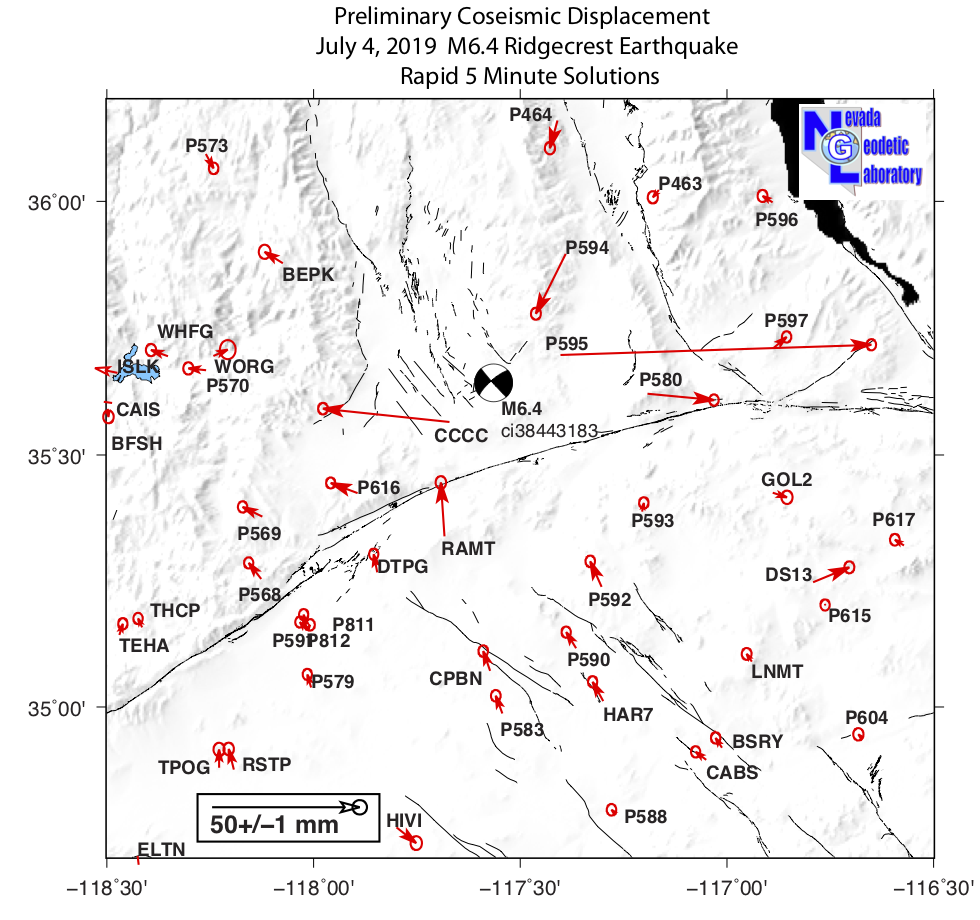 Map of Ridgecrest area with GPS-measured coseismic displacements